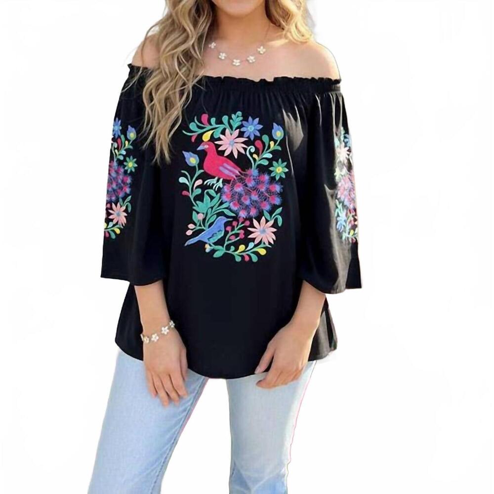NEW LADY CHARM floral & bird embroidered off-shoulder boho top in black
